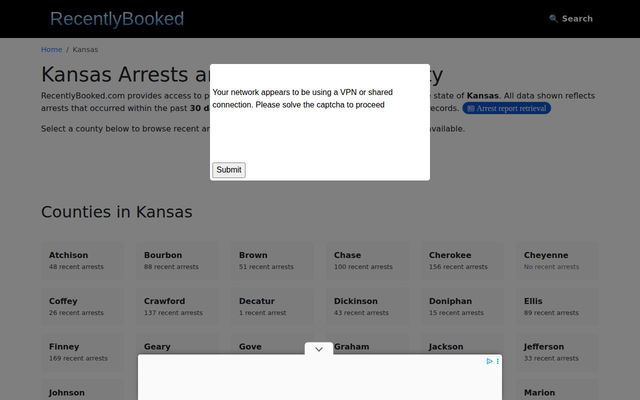 Unofficial Kansas booking archive showing no Ford County feed