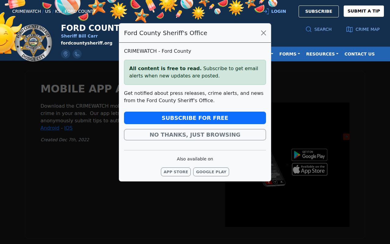 Ford County Sheriff warrant and wanted mobile app page